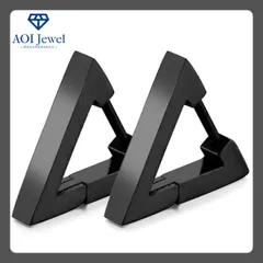 【送料無料！】ピアス レディース メンズ 三角 チタン リング フープ キャッチレス シンプル 両耳セット ブラック [PM002]