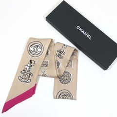 ▼【美品】CHANEL シャネル 23P スカーフ シルク ベージュ ピンク 犬 DOG ヘアバンド