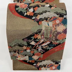袋帯 美品 秀品 御所車 松竹梅 箔 唐織 茶色 六通 正絹 【中古 
