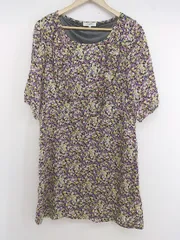◇ NATURAL BEAUTY BASIC 花柄 フリル 七分袖 ミニ ワンピース サイズM パープル系 マルチ レディース E  【1304260026688】