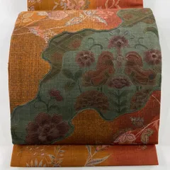 【美品】 袋帯 秀品 紬地 花唐草 向かい鳥 刺繍 ぼかし 赤茶 お太鼓柄 正絹 【中古】