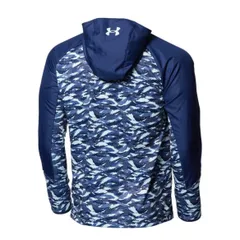 【極美品】UNDER ARMOR アンダーアーマー UA ブルー 迷彩柄 メンズ M 野球 サッカー テニス ミドル丈 袖ロゴ 長袖 アウター スポーツウェア ファスナーポケット ハイブリッドフルジップジャケット KH-A-241215