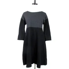 マカフィー MACPHEE トゥモローランド ワンピース ひざ丈 七分袖 ラウンドネック バックファスナー バイカラー ウール 厚手 無地 38 黒 ブラック グレー /BT
