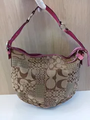 【中古品】 COACHコーチ シグネチャー パッチワーク ショルダーバッグ 3688 キャンバス×レザー  茶ブラウン×ピンク 肩掛け 手提げ バッグかばん 現状品