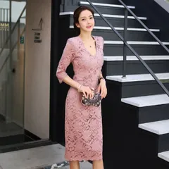 【グラシア】キャバドレス ミディアムドレス ハイウエスト ワンピース キャバ嬢 キャバクラ 七分袖 花柄 Vネック 総レース 膝丈 レディース