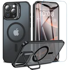 BESINPO iPhone 16 Pro Max ケース [ガラスフィルム付き・MagSafe対応・スタンド機能] アイフォン16プロマックス ケース 縦横両対応 調整可能 半透明 黄ばみなし 指紋防止 いphone16promax ケース 米軍規格 耐 1