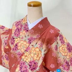 小紋 洗える着物 裄67.5cm 身丈170cm 花柄 袷 お洒落着 普段着 ポリエステル ピンク 美品 L サイズ 3875