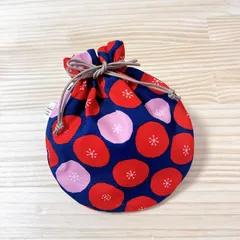 ハンドメイド　巾着　まる巾着　ネイビー　レッドミニあんぱん柄