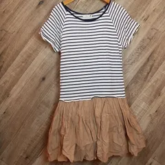 M1-01094【Women】earth music＆ecology(アースミュージックアンドエコロジー) 半袖 ワンピース F(XS相当) / 白×黒×茶色 ボーダー柄 表、ボーダー中央・中央下汚れ有 G