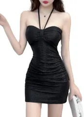 ISLAYCAOLILA キャバドレス ミニドレス クラブドレス パーティードレス ワンピース タイト メタリック ホルターネック ベアトップ オフショルダー ノースリーブ レディース EH8(ブラック,  S)