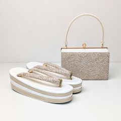 日本謹製 振袖バッグ 草履 セット 高級西陣帯地 モール刺繍アイボリー 