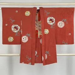 たんす屋 TANSU-YA 中古 リユース羽織 ヴィンテージ羽織 朱色 カジュアル 地紋織り 染め 金彩 花鳥 袷 絹 未洗い 【身丈】88cm【裄丈】61.5cm MS3715