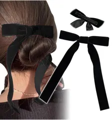 新品 [Herbeluemily] ベロア リボン ヘアアクセ ヘアゴム クリップ バレッタ ヘアアレンジ ヘアアクセサリー ベルベット バレッタタイプ ブラック