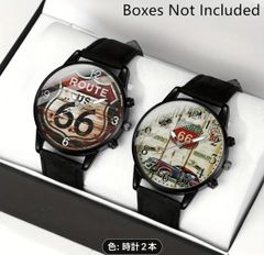 【新品】【未使用品】ルート66テーマカップルウォッチ2個セット、クォーツムーブメント、耐衝撃アナログ、ラウンド亜鉛合金ケース、フェイクレザーバンド