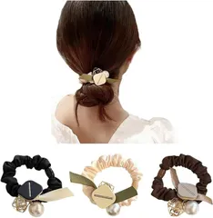 【在庫処分】FASELE ヘアゴム 髪ゴム シュシュ 細め 布地 パール付き ヘアアクセサリー シンプル サテン 森ガール エレガント 上品さ 髪飾り 女性 高弾性 おしゃれ 日常 通勤 プレゼント 贈り物 （3点セット）