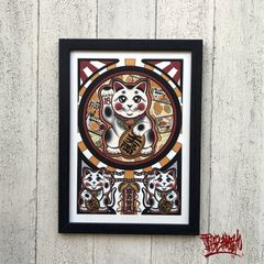 尾九 開運イラスト 招き猫 お札に大判小判 A4サイズ  フレーム付き