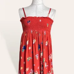 ♥️激かわ グリーンレーベルリラクシング オレンジ インド製 ボタニカル フラワー 花柄 シャーリングトップ ロングキャミワンピ 2way マキシスカート F レディース アジアン エスニック 4769