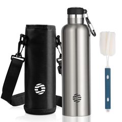 【新品】 FJbottle 水筒 1リットル 真空断熱 保温 保冷 第2世代 ステンレスボトル 直飲み スポーツボトル スポーツ飲料対応 水筒カバー 洗浄用スポンジ付き 男の子 女の子 大人 子供 シルバー 1