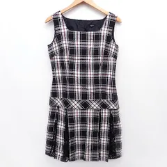 コムサイズム COMME CA ISM ワンピース プリーツ 膝下 チェック 柄 切替レース フリル ノースリーブ スクエアネック コットン 綿 L ブラック 黒 /HT22