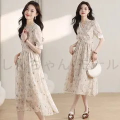 【新品未使用】ワンピース レディース 花柄 春 夏 ロングワンピース 半袖 カジュアル きれいめ フレア Aライン ゴムハイウエスト シフォン