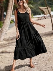テクスチャードボタン装飾タンクドレス　カジュアルな無地のノースリーブドレス　夏のレディース服　Lサイズ