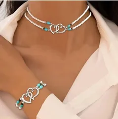 ハート×ターコイズビーズ ネックレス＆ブレスレットセット