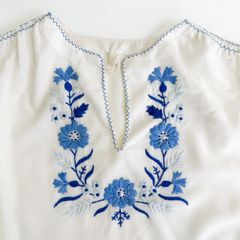 刺繍 ブラウス 花柄 スキッパー 長袖 シャツ レディース オフホワイト ヴィンテージ 古着 【UR-0735】