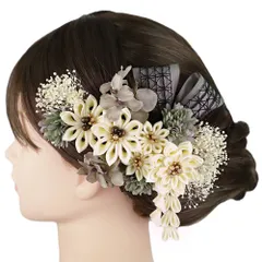 髪飾り 成人式 振袖 2点セット 白 クリーム色 青緑 グレー ゴールド つまみ細工 剣つまみ　さがり リボンカスミソウ 和柄 ビー No.9-5403