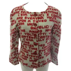 モスキーノ MOSCHINO デザイン ノーカラージャケット 文字総柄 リネン ベージュ 赤 レッド 8 約M相当 0612 NGA35のサムネイル