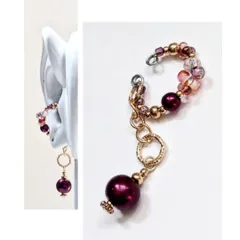 ラズベリーグラスに揺れるワインレッドパール✵調節可能ステンレスワイヤーイヤーカフ　ハンドメイド　アンティーク