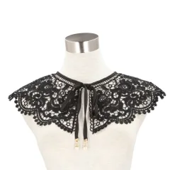 ☆ E：ブラック ☆ レース付け襟 ビッグカラー リボン yklacecollar2 つけ襟 レース リボン 付け襟 つけえり レース襟 レースカラー フェイクカラー レディース ビッグカラー クロシェ編み おしゃれ シンプル モノトーン かわいい 可愛い