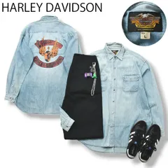 【ビッグロゴ】ハーレーダビットソン HARLEY DAVIDSON 長袖 デカロゴ ロゴドン プリント デニムシャツ 羽織り L ブルー メンズ アメカジ ストリート