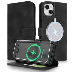 【在庫セール】アイフォン for iPhone 13 ケース 手帳型 Magsafe 充電対応 2枚強化ガラスフィルムセット for iPhone 13 ケース i13 財布型 カバー Case Cover 携帯スマホカバー カード収納 - ブラック