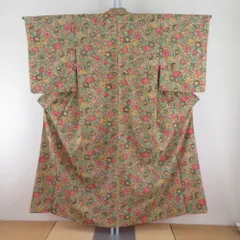 小紋 花々模様 辛子色ｘ緑ｘ赤ピンク色 袷 表絹 広衿 仕立て上がり カジュアル 身丈151cm