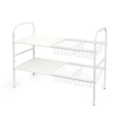 シンク下収納 2段 キッチンラック 伸縮シンク下ラック YGORTECH シンク下伸縮棚 シンク下 収納バスケット付き 横幅調整可能 キッチン 収納 ラック 棚 簡単組立 洗面台下 小物整理 ホワイト 幅53-89×奥行25.5×高さ49cm