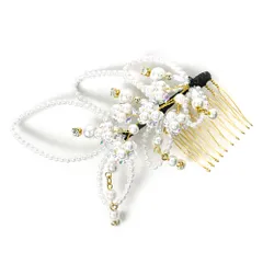 髪飾り コーム型 ラインストーン パール ゴールド 白 キラキラ 花 下がり ゆらゆら チェーン 小さい かんざし かわいい 粋 日 No.9-3372