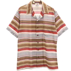 KENNINGTON ケニントン 70s 80s ヴィンテージ ボーダー柄 半袖 オープンカラーシャツ M ブラウン メンズ 古着