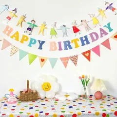 【新品】 ハッピーバースデー 飾り Happy Birthday ペーパー レター ガーランド 誕生日 飾り バナー 三角フラッグ 誕生日パーティー装飾 グッズ 3デザインセット 子供 大人 お祝い バルーンガーランド (手をつないで) 0