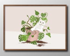 13415 ポスター アート おしゃれ 絵画 インテリア 観葉植物と猫 ネコ ボタニカル A3サイズ 北欧 イラスト マット紙 艶消し アートパネル 額 フレーム デザイン 壁掛け
