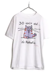 【お得なクーポン配布中!】 80s USA製 ネコ キャラクター イラスト メッセージ プリント 半袖 Tシャツ メンズ L 古着 80年代 ヴィンテージ シングルステッチ 白Tシャツ