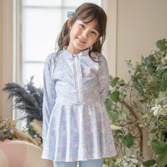【小花柄猫・ブルー】ラッシュガード一体型ワンピース水着　インナーパンツ付き TAK キャサリンコテージ