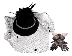 【迅速発送】【ヘッドドレス＆手袋セット】 ゴシック トーク帽 手袋 黒 葬式 葬儀 ブライダル 帽子 礼装 レース ウェディングハット チュール付き ゴスロリ