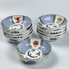 779 色絵　染付　松竹梅　唐獅子　瓢箪　古伊万里　伊万里焼　骨董　アンティーク　膾皿　9客セット
