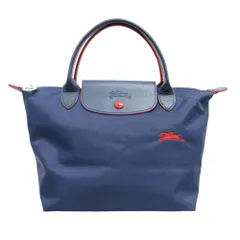 良品 LONG CHAMP ロンシャン ル プリアージュ クラブ ハンド バッグ トート ナイロン レザー 折り畳み 軽量 S ネイビー レッド レディース 古着 中古 USED