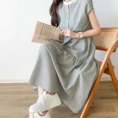 ☆ グレー×ストライプ ☆ ワンピース レディース シャツワンピース バックリボン ワンピース レディース シャツワンピース ワンピ シャツワンピ ロングワンピース ロングワンピ フレアスカート バックリボン リボン 袖なし 袖無し そで無し かわいい 可愛い