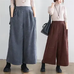 在庫一掃 ワイドパンツ レディース ガウチョパンツ ロング丈 マキシ丈 コーデュロイパンツ ワイド 体型カバー ウエストゴム 無地 黒パンツ 秋冬 コーデ