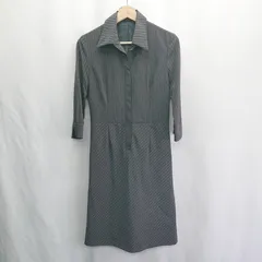 ◇ ⊇ ビーンズプレス ストライプ柄 襟付き 長袖 膝下丈 ワンピース サイズ9AR チャコールグレー ホワイト レディース E  【1502200005261】