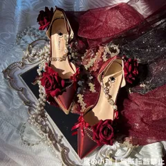 【オリジナル手作り】ゴシック＆ロリータ ダークローズハイヒール 5cm・8cmヒール／ストラップ付き／ブラック＆レッド／暗黒ロリィタ／薔薇モチーフ／ゴシックファッション必見