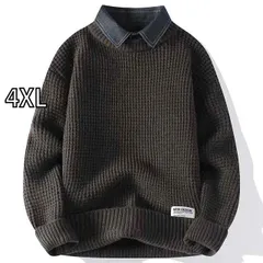 [4XL]春 コーデ メンズ 用 服 シンプル ファッション オシャレ 大人 かっこいい 大きいサイズ ストリート 紳士服 フェイク ツーピース セーター メンズ ベルベット 厚手 ニット ワンピース レイヤリング シャツ カラー インナー