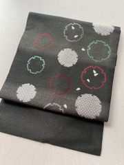極美品] 紗 洗える 夏帯 名古屋帯 黒 水玉 星 開き仕立て 浴衣 小紋 紬